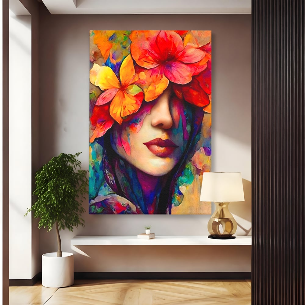 Tablou canvas cu tablou canvas cu portret feminin si flori, fara rama, pe sasiu de lemn